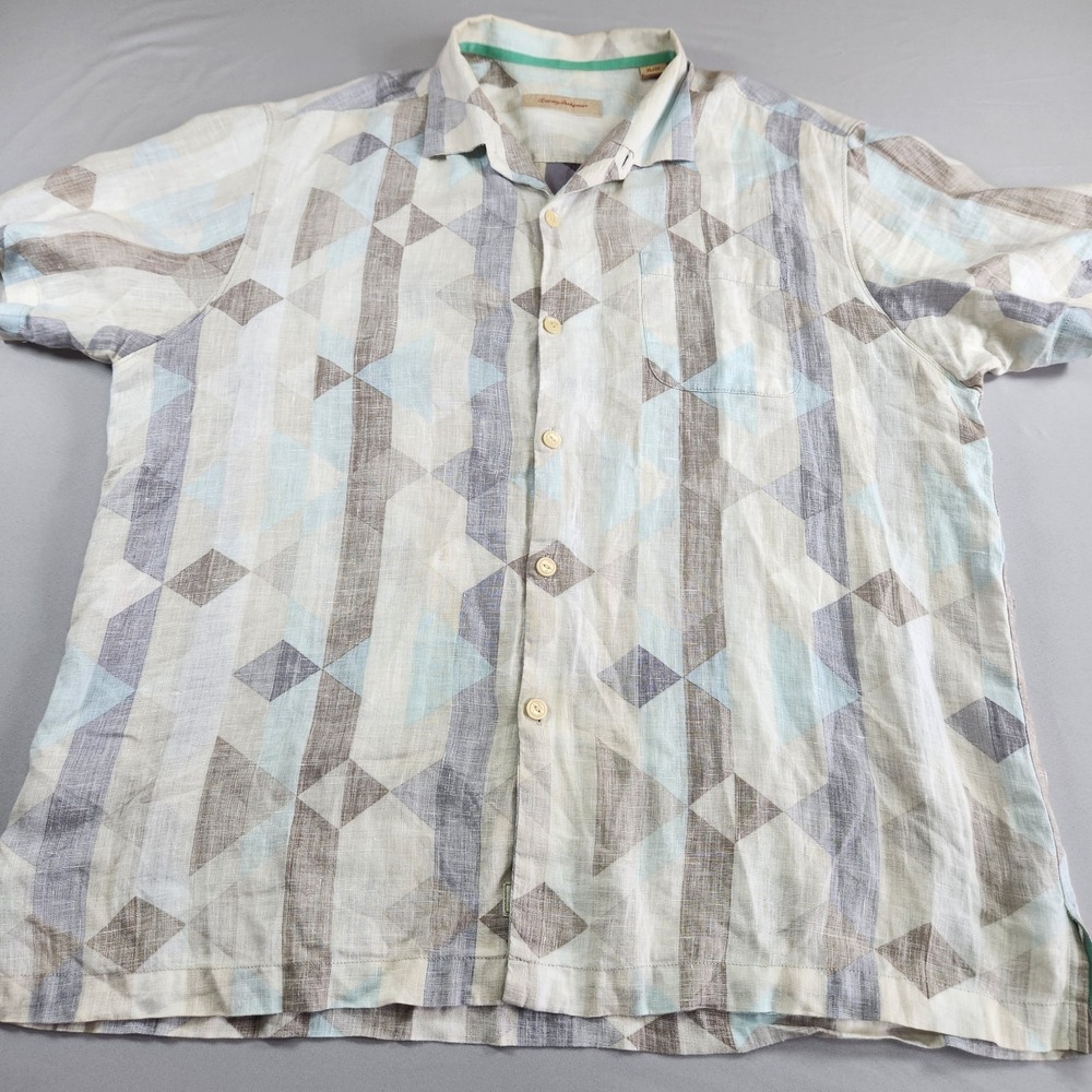 Tommy Bahama Shirt Mens XL 100% Linen Cotton Geometric Print Camp Hawaiian